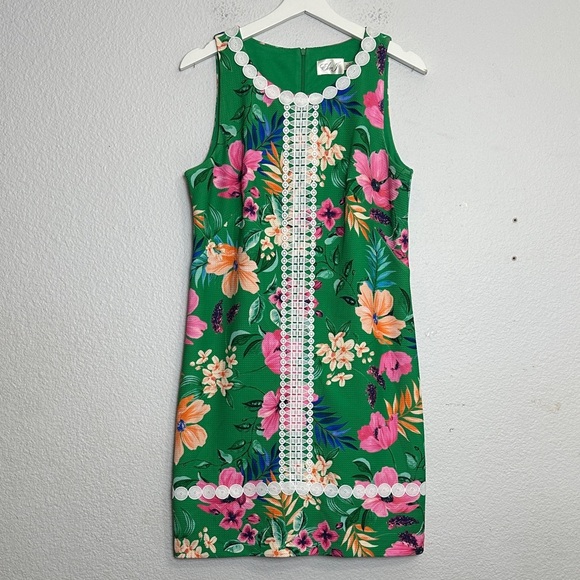 Eliza J Floral Sleeveless Shift Dress Size 10 Green Pink Lined Tropical Print - Picture 1 of 12